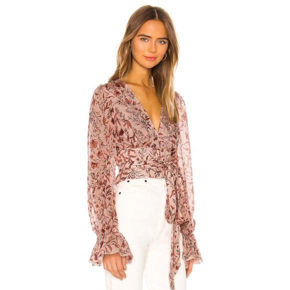 AMUR Helene Tie Waist Floral Silk Wrap Crop Top - Picture 8 of 16